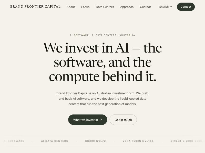 Brand Frontier Capital homepage: We invest in AI, the software, and the compute behind it.