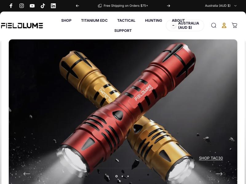 Fieldlume homepage with two crossed flashlights